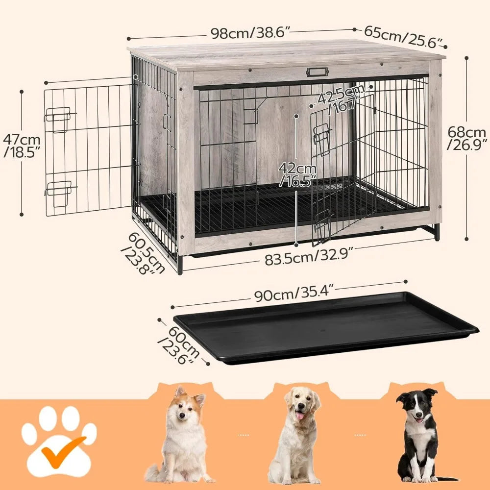 Dog Crate Furniture, Large Dog Kennel, Double Door Modern Side End Table 38.6”L x 25.6”W x 26.9”H Greige
