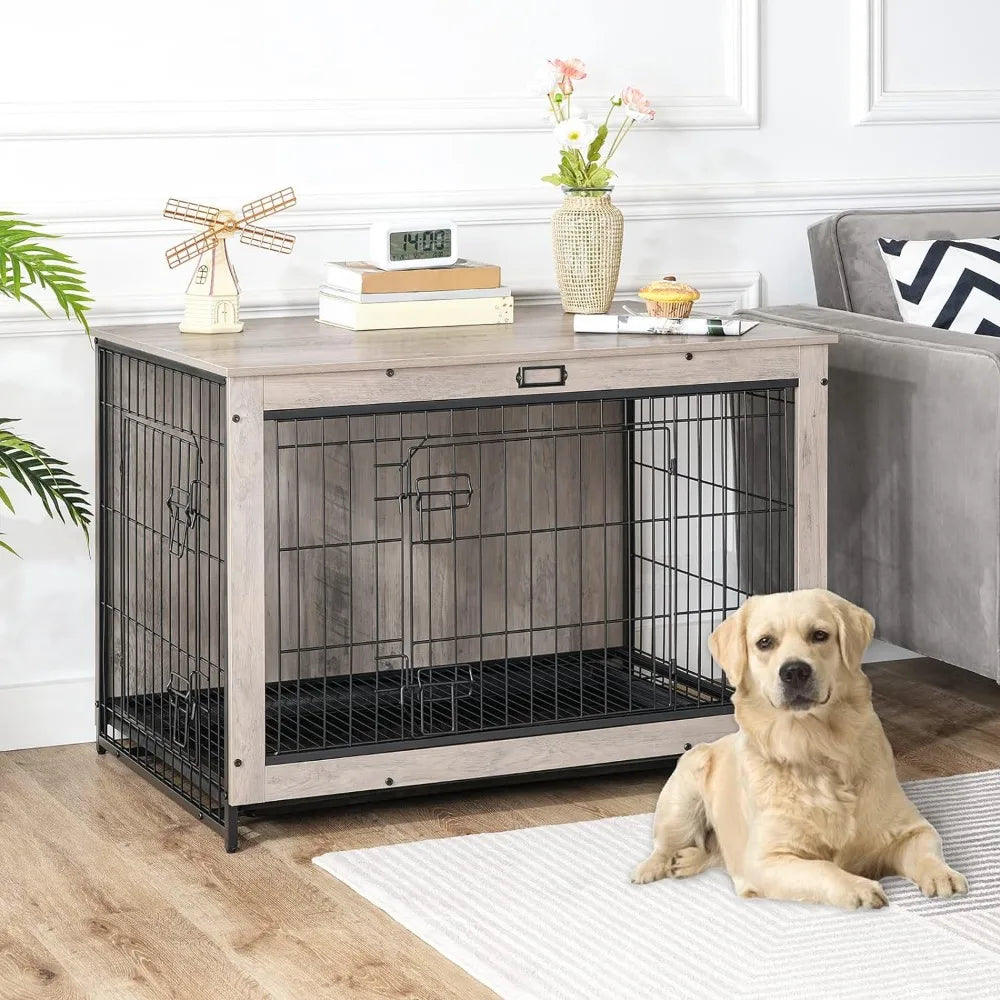 Dog Crate Furniture, Large Dog Kennel, Double Door Modern Side End Table 38.6”L x 25.6”W x 26.9”H Greige