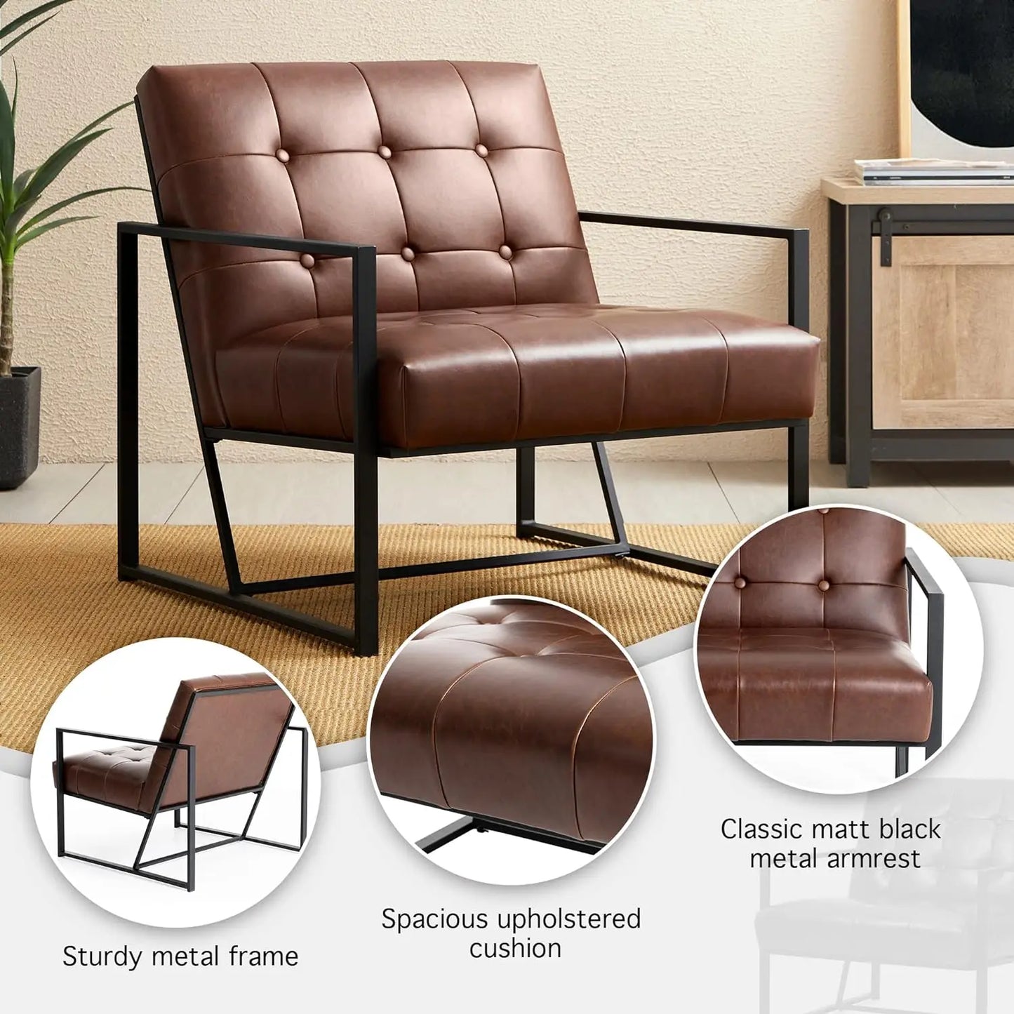 Mid Century Modern Accent Chair, Modern Living Room Chairs with Durable Metal Frame,PU Leather Cushioned, Reading Armchairs