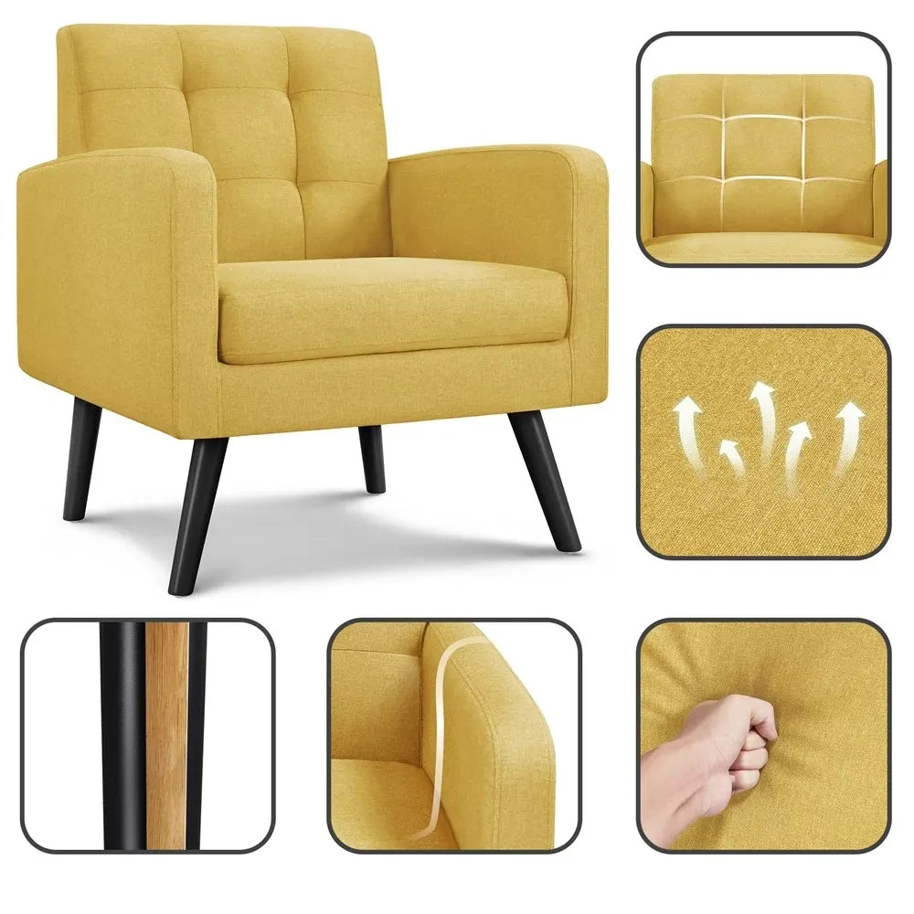 2023 New Smile Mart Modern Tufted Accent Arm Chair with Rubber Wood Leg for Living Room, Yellow