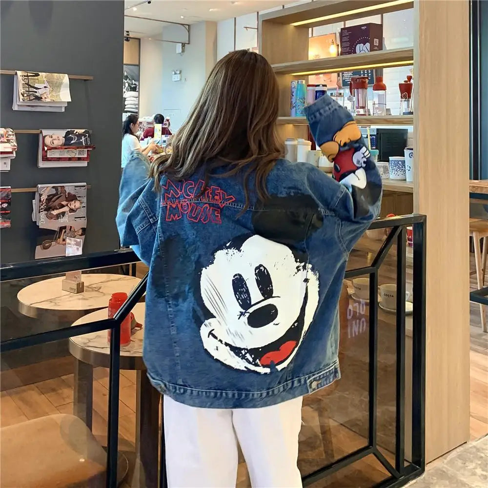 Cartoon Clothing Mickey Printed Denim Jacket Women's Spring And Autumn Loose Preppy Style Large Size Jacket Cartoon Casual Top