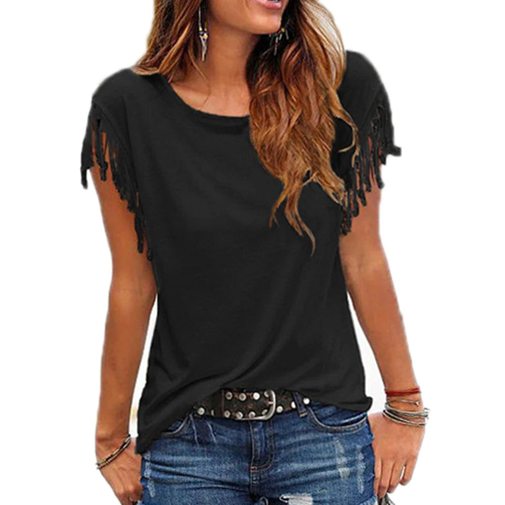 Casual Tassel T-Shirt Cotton Short Sleeve Solid Color Tees O Neck Women's Clothing Spring Summer Top Ladies 2023