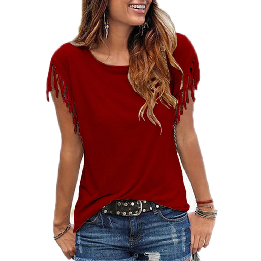 Casual Tassel T-Shirt Cotton Short Sleeve Solid Color Tees O Neck Women's Clothing Spring Summer Top Ladies 2023