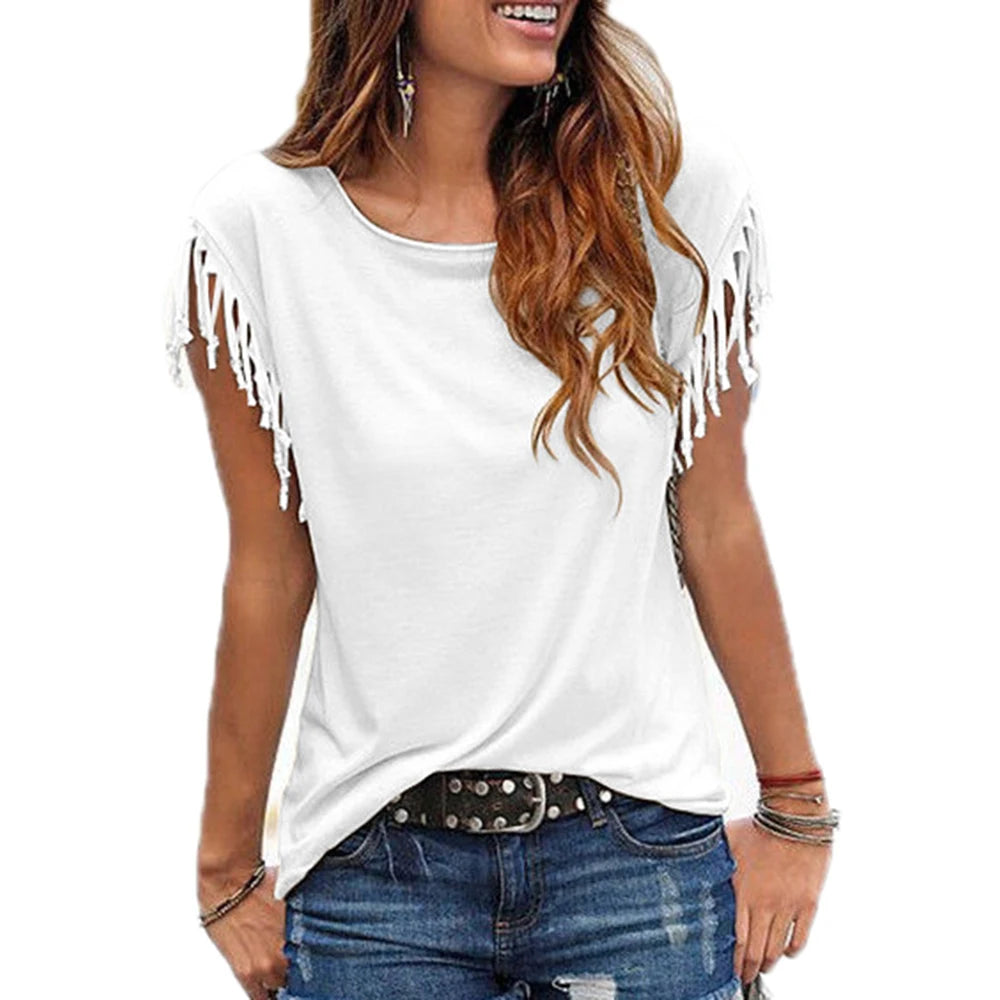 Casual Tassel T-Shirt Cotton Short Sleeve Solid Color Tees O Neck Women's Clothing Spring Summer Top Ladies 2023