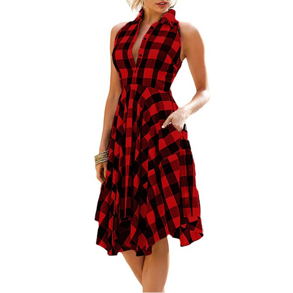 Fashion Dresses Women 2021 Spring Summer Lady Plaid Print Button Down Slim Sleeveless Irregular Midi Dress Women's Clothing