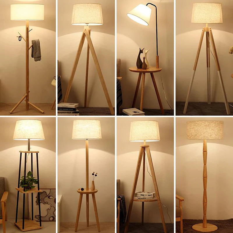 Floor Lamps Nordic modern Wooden Minimalist lighting fixture living room bedroom standing lamp fabric lampshade button switch