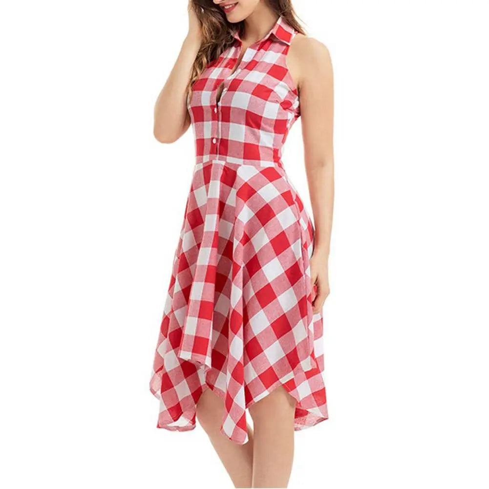 Fashion Dresses Women 2021 Spring Summer Lady Plaid Print Button Down Slim Sleeveless Irregular Midi Dress Women's Clothing