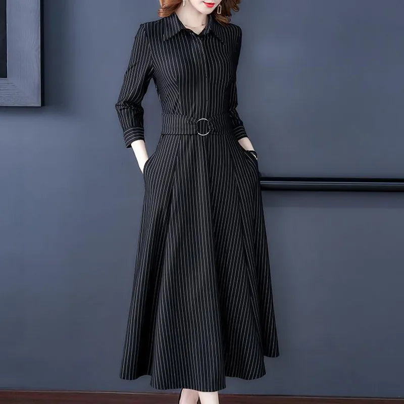 Elegant Lapel Button Spliced Loose Belt Striped Shirt Dress Women's Clothing 2023 Autumn New Oversized Office Lady Midi Dress