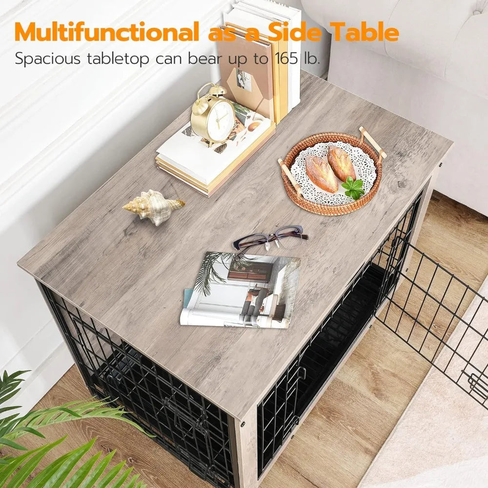 Dog Crate Furniture, Large Dog Kennel,  Double Door Modern Side End Table 38.6”L x 25.6”W x 26.9”H Greige