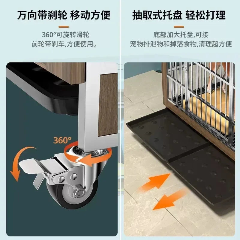 Wood and Stainless Steel Breathable Anti Bite Fence Kennel Carriers Houses Crate Dog Pet Cages with Toilet Board and Casters