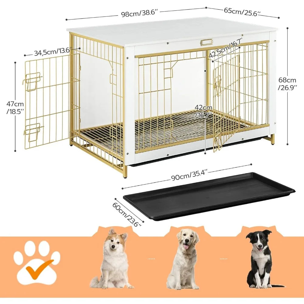 Dog Crate Furniture, Large Dog Kennel, Double Door Modern Side End Table for Medium/Large Dog 38.6”L X 25.6”W X 26.9”H White