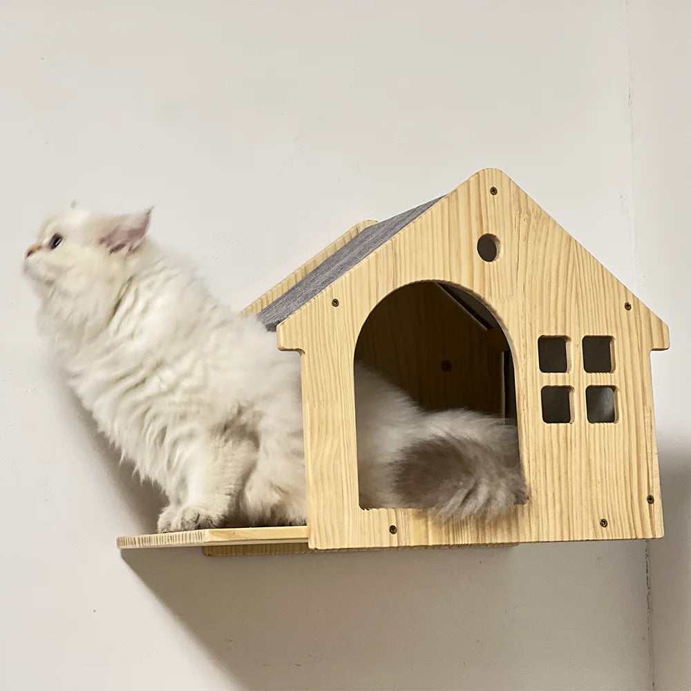 1 Piece Wall Mounted Cat House Climbing Floating Wooden Shelf Kitten Villa for Sleeping and Resting Pet Wall Indoor Furniture