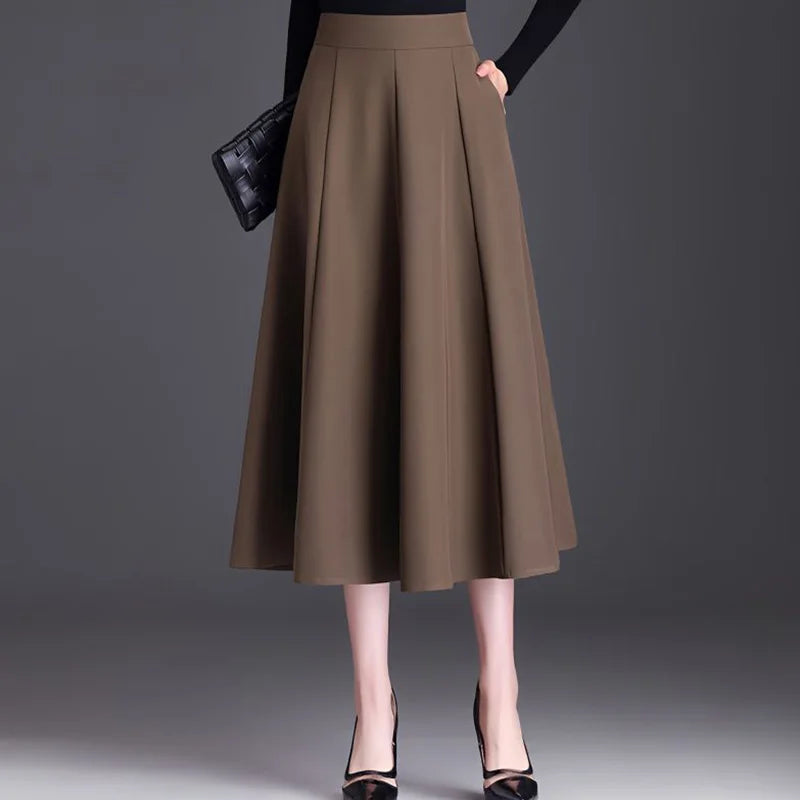 Fashion Loose Spliced Pockets Folds All-match Skirts Women's Clothing 2023 Autumn New Oversized Solid Color Office Lady Skirt