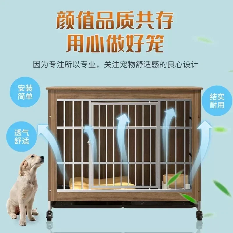 Wood and Stainless Steel Breathable Anti Bite Fence Kennel Carriers Houses Crate Dog Pet Cages with Toilet Board and Casters