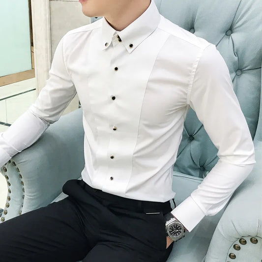 Men's Shirts Luxury Brand New Long Sleeve Elegant Shirts For Men Clothing Slim Fit Casual Mens Dress Shirts Formal Black/White