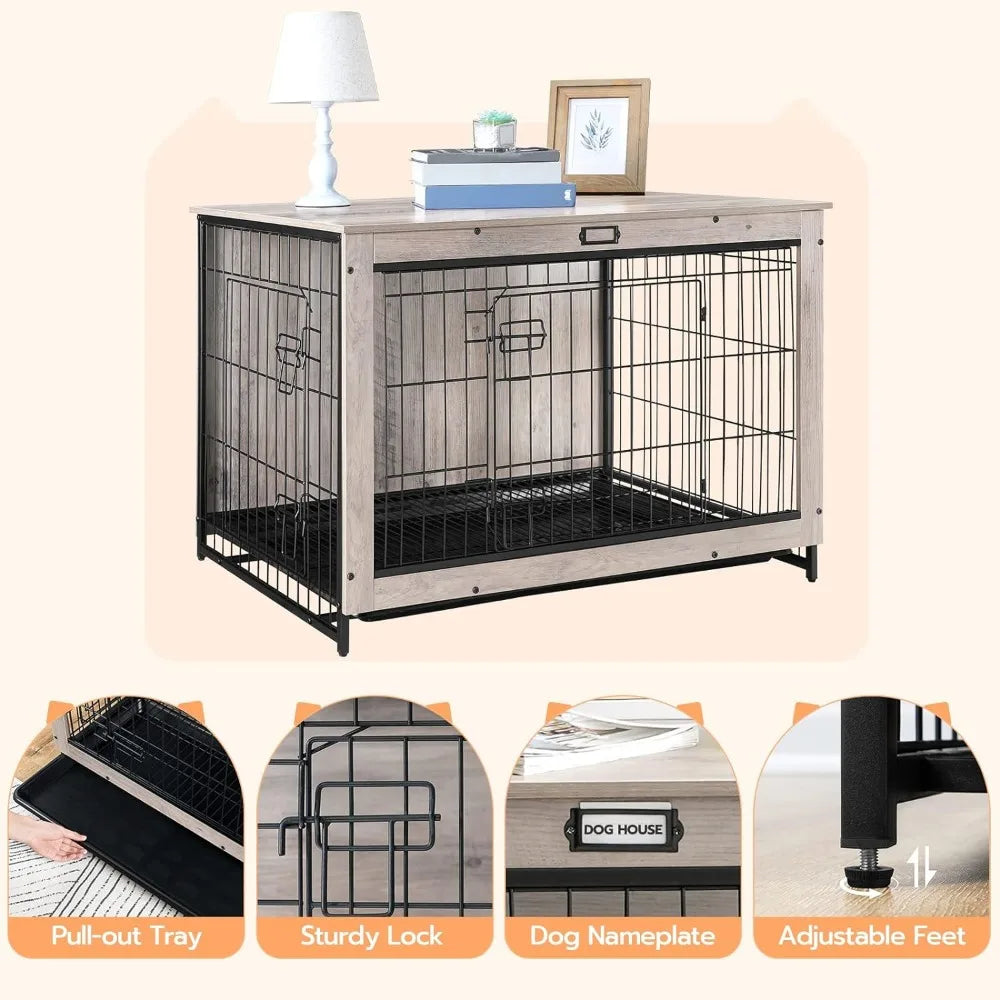 Dog Crate Furniture, Large Dog Kennel,  Double Door Modern Side End Table 38.6”L x 25.6”W x 26.9”H Greige