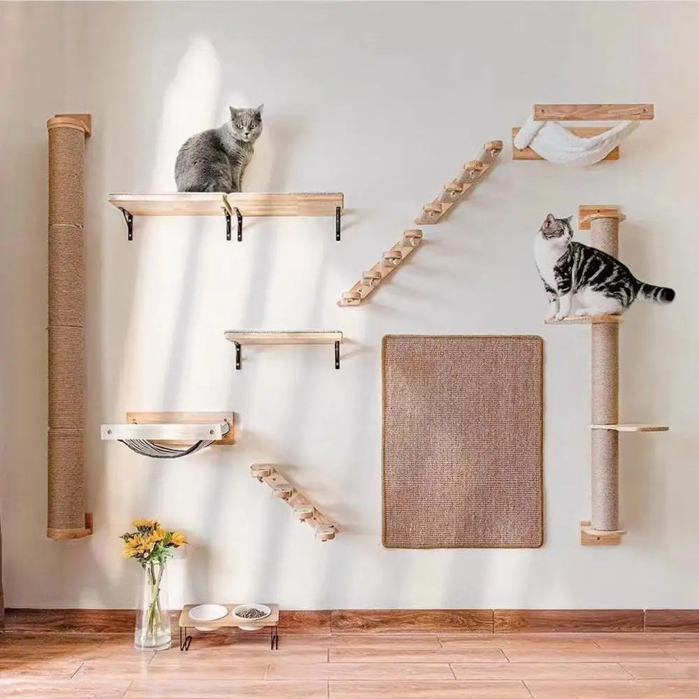 Cat Wall Climbing Frame Wall Mounted Cat Tree Furniture Wooden Stairway Shelves for Cats Perches Activity Cat Scratching Post