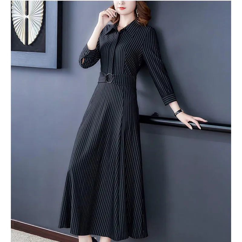 Elegant Lapel Button Spliced Loose Belt Striped Shirt Dress Women's Clothing 2023 Autumn New Oversized Office Lady Midi Dress