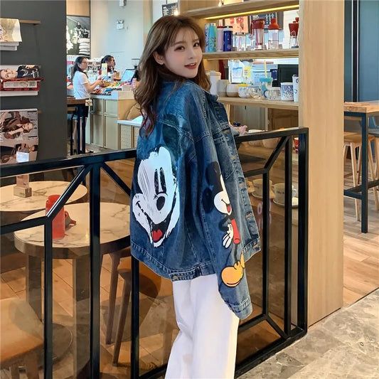 Cartoon Clothing Mickey Printed Denim Jacket Women's Spring And Autumn Loose Preppy Style Large Size Jacket Cartoon Casual Top