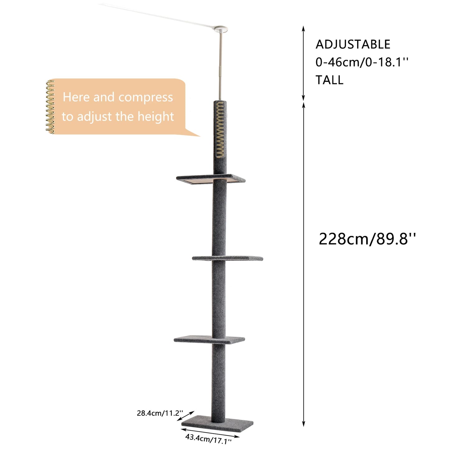 Cat Tower 4-Tier Floor to Ceiling Cat Tree Adjustable Tall Cat Climbing Tree Featuring with Sisal-Covered Scratching Posts