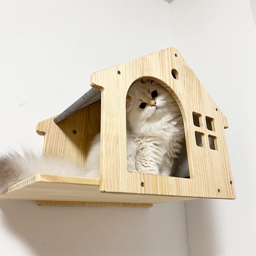 1 Piece Wall Mounted Cat House Climbing Floating Wooden Shelf Kitten Villa for Sleeping and Resting Pet Wall Indoor Furniture