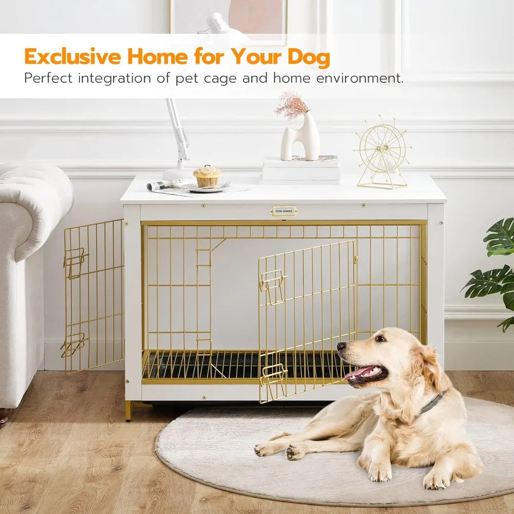 Dog Crate Furniture, Large Dog Kennel, Double Door Modern Side End Table for Medium/Large Dog 38.6”L X 25.6”W X 26.9”H White