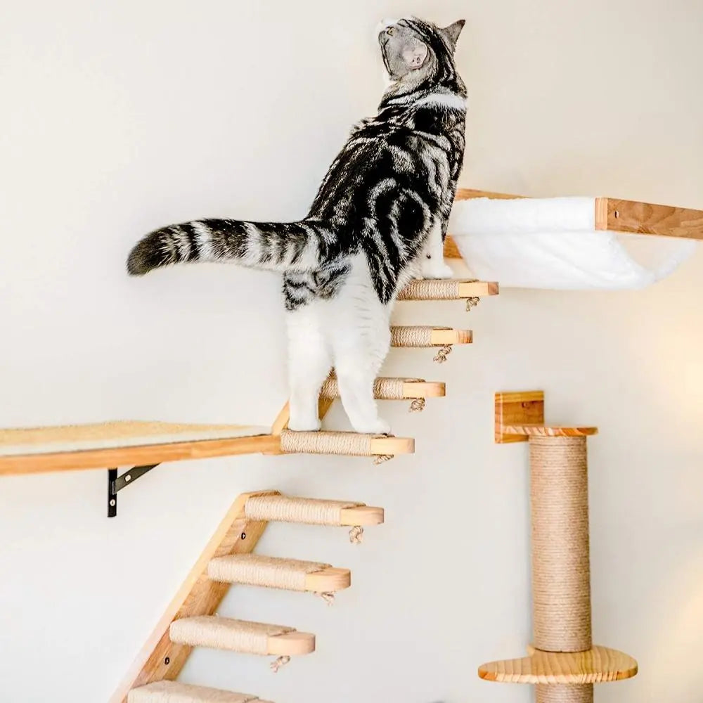 Cat Wall Climbing Frame Wall Mounted Cat Tree Furniture Wooden Stairway Shelves for Cats Perches Activity Cat Scratching Post