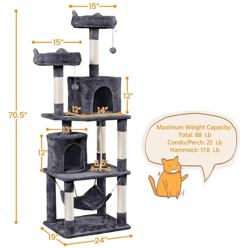 70.5″H Multi Level Cat Tower Tree with 2 Condos & 2 Foam-Padded Perches for Medium/Large Cats, Light Gray