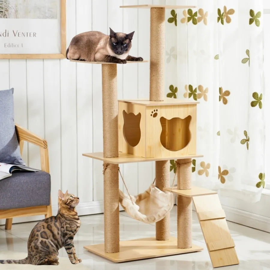 Multi-layer Cat Tree House Condos Wooden Cat Tower With Sisal Rope Cat Scratching Posts Plush Cloth Hammock Cat Climbing Frame