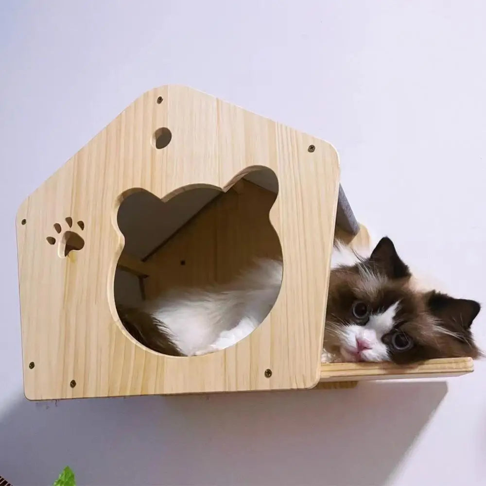 1 Piece Wall Mounted Cat House Climbing Floating Wooden Shelf Kitten Villa for Sleeping and Resting Pet Wall Indoor Furniture