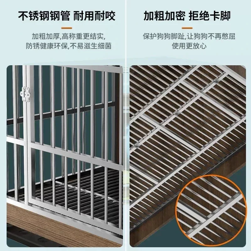 Wood and Stainless Steel Breathable Anti Bite Fence Kennel Carriers Houses Crate Dog Pet Cages with Toilet Board and Casters