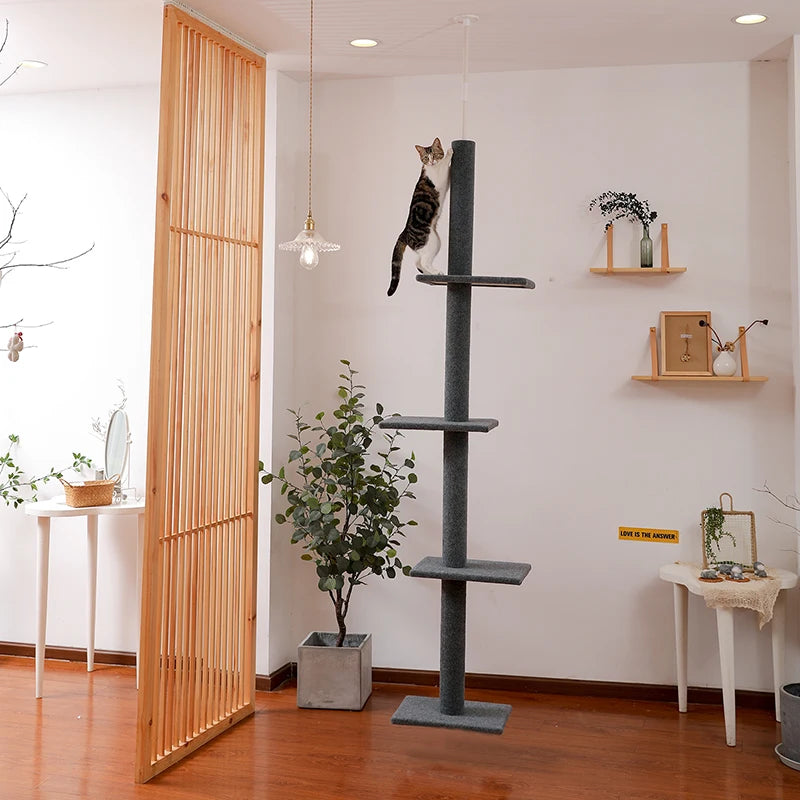 Cat Tower 4-Tier Floor to Ceiling Cat Tree Adjustable Tall Cat Climbing Tree Featuring with Sisal-Covered Scratching Posts