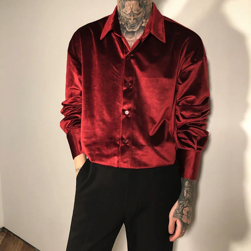 Men's Winter Velvet Shirt Red Black Luxury Clothes For Mens Burgundy chemise velours homme Korean Men Clothing Streetwear