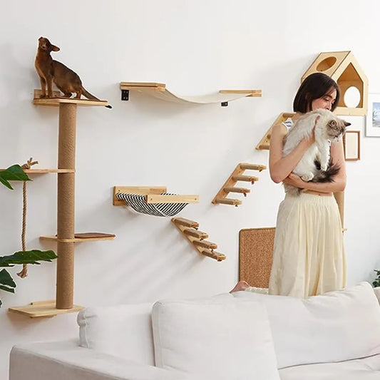 Wall Mounted Cat Shelves and Four Steps Ladder Wall Wooden Sisal Bed Hammock Jumping Platform for Cat Playing and Sleeping