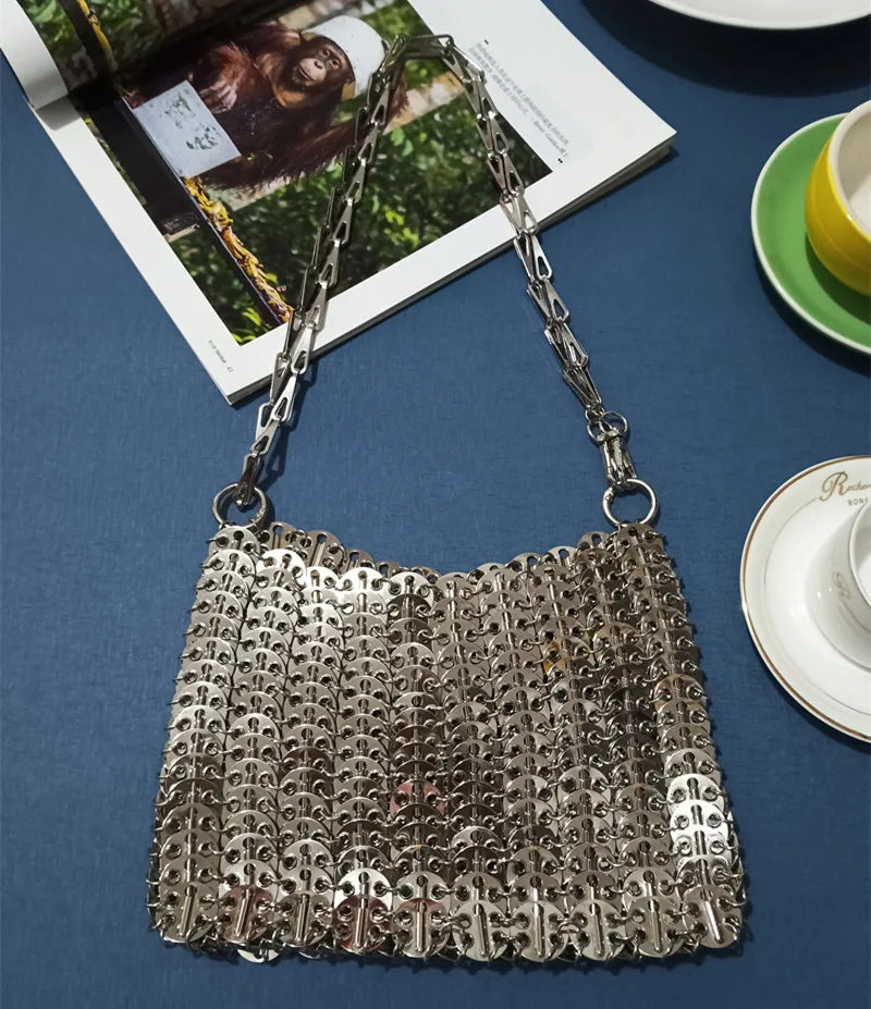 Luxury Designer Women's Bag Trend Hand Woven Hollow Metal Chain Tote Bag Clutch Female Bag Travel Holiday Shoulder Bag Handbag