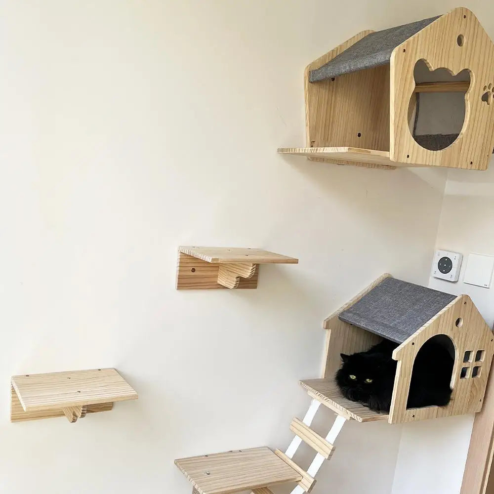 1 Piece Wall Mounted Cat House Climbing Floating Wooden Shelf Kitten Villa for Sleeping and Resting Pet Wall Indoor Furniture