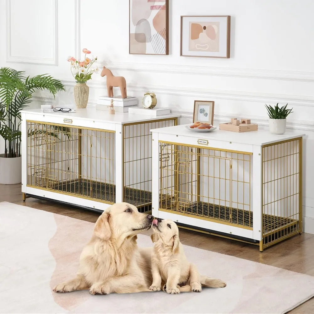 Dog Crate Furniture, Large Dog Kennel, Double Door Modern Side End Table for Medium/Large Dog 38.6”L X 25.6”W X 26.9”H White