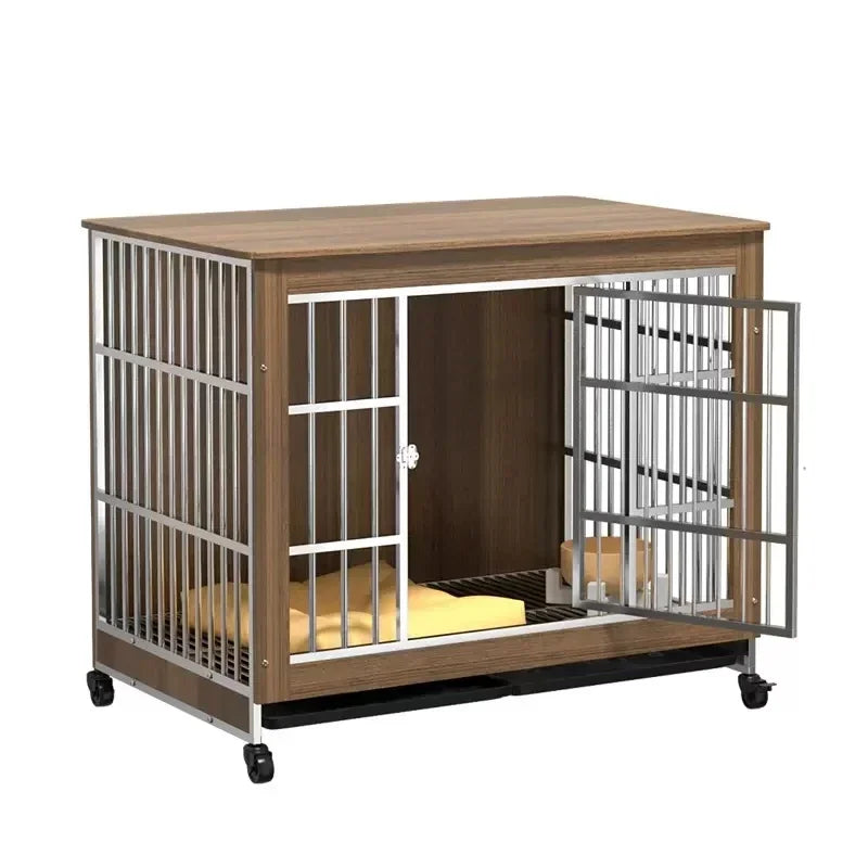 Wood and Stainless Steel Breathable Anti Bite Fence Kennel Carriers Houses Crate Dog Pet Cages with Toilet Board and Casters