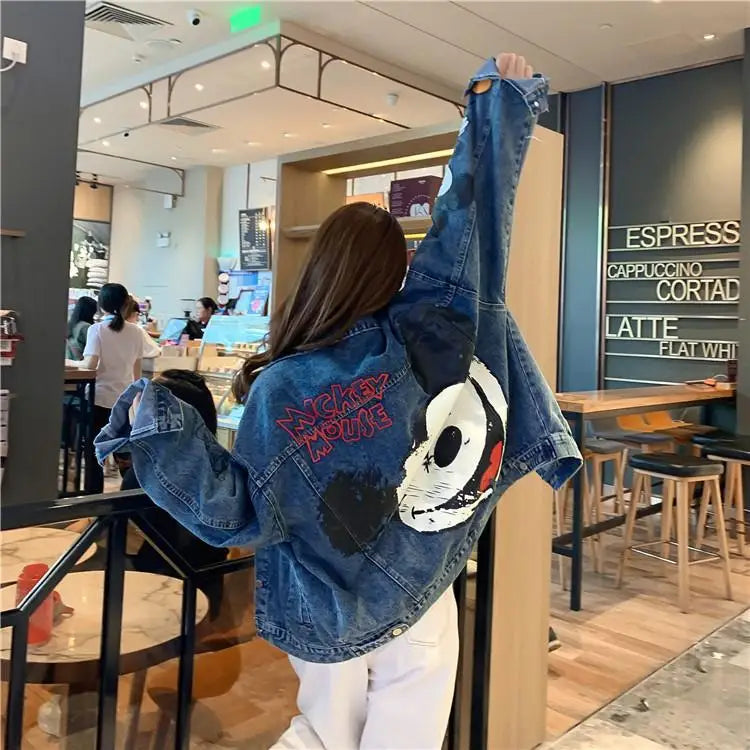 Cartoon Clothing Mickey Printed Denim Jacket Women's Spring And Autumn Loose Preppy Style Large Size Jacket Cartoon Casual Top