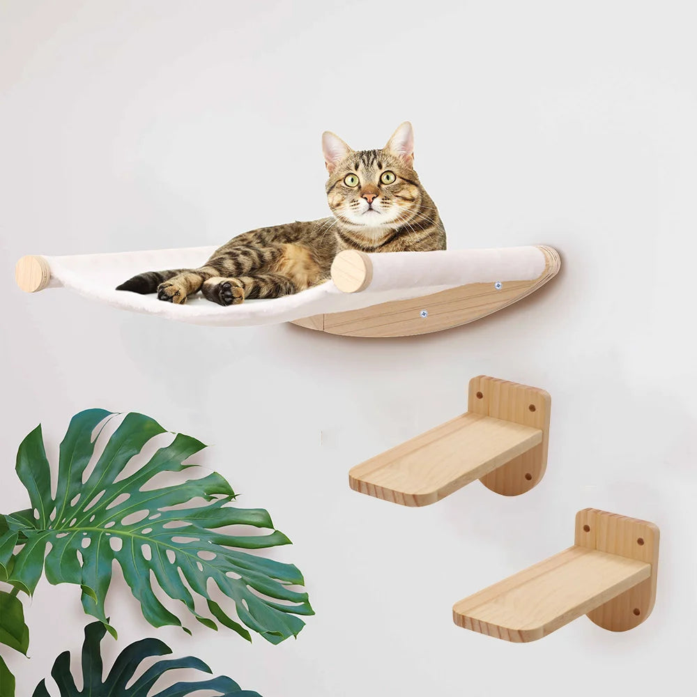 3 Pieces Wall Mounted Cat Bed Wooden Hammock and Jumping Platform Climbing Shelves and Sleeping Pet Furniture for Kitty