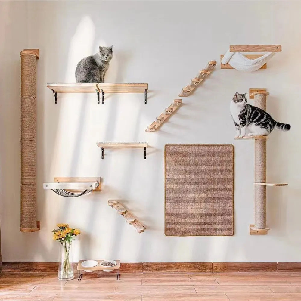 Cat Wall Climbing Shelves Wall Mounted Hammock Cat Scratching Post Wooden Stairway Shelves with Sisal Rope Ladder Wall Cat Tree