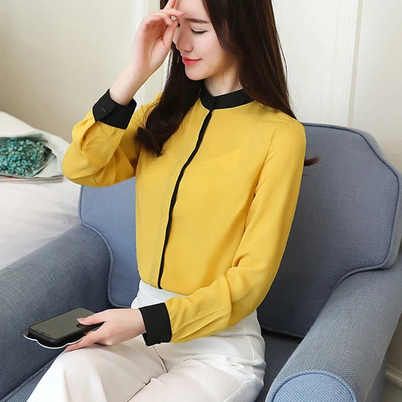 New Chiffon Women Blouse Shirt New Long Sleeve Red Women's Clothing Office Lady Blouse Women's Tops Ladies' Shirt Blusas 24972