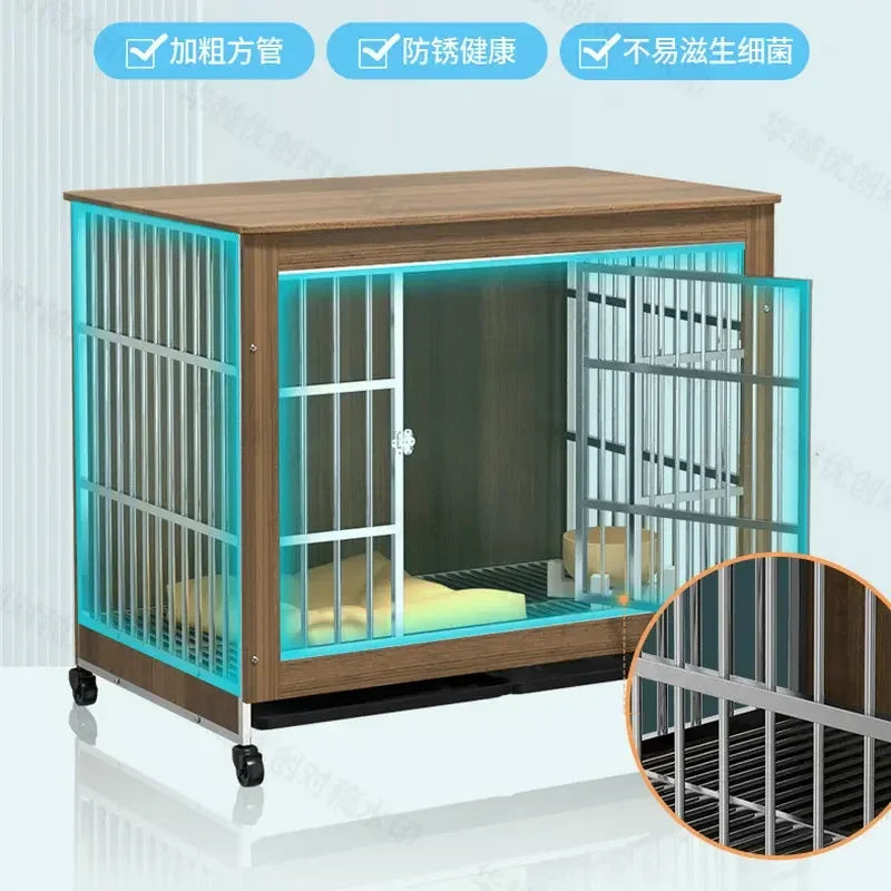 Wood and Stainless Steel Breathable Anti Bite Fence Kennel Carriers Houses Crate Dog Pet Cages with Toilet Board and Casters