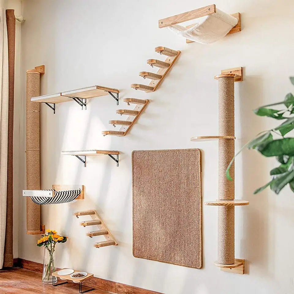 Cat Wall Climbing Shelves Wall Mounted Hammock Cat Scratching Post Wooden Stairway Shelves with Sisal Rope Ladder Wall Cat Tree