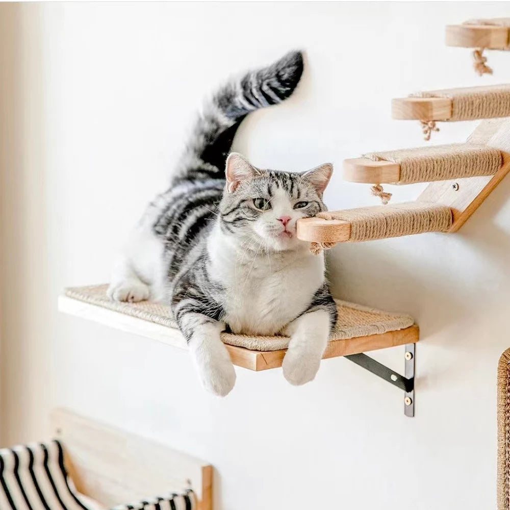 Cat Wall Climbing Shelves Wall Mounted Hammock Cat Scratching Post Wooden Stairway Shelves with Sisal Rope Ladder Wall Cat Tree