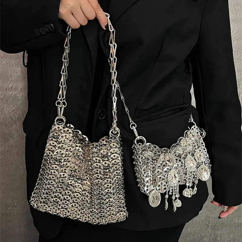 Luxury Designer Women's Bag Trend Hand Woven Hollow Metal Chain Tote Bag Clutch Female Bag Travel Holiday Shoulder Bag Handbag