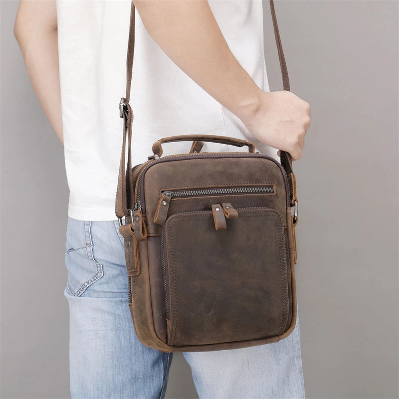 Luufan Genuine Leather Men's Shoulder Bag Vintage Crazy Horse Skin Double Zipper Pocket Flap Messenger Bag Man Daily Handbag