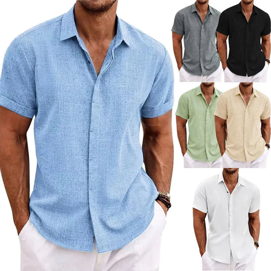 2023Bestselling Men's Beach Shirt Retro Linen Shirt Men's Luxury Top Solid Casual Summer Short Sleeved Men's Clothing Large Size