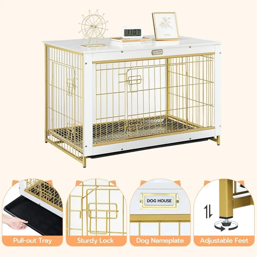 Dog Crate Furniture, Large Dog Kennel, Double Door Modern Side End Table for Medium/Large Dog 38.6”L X 25.6”W X 26.9”H White