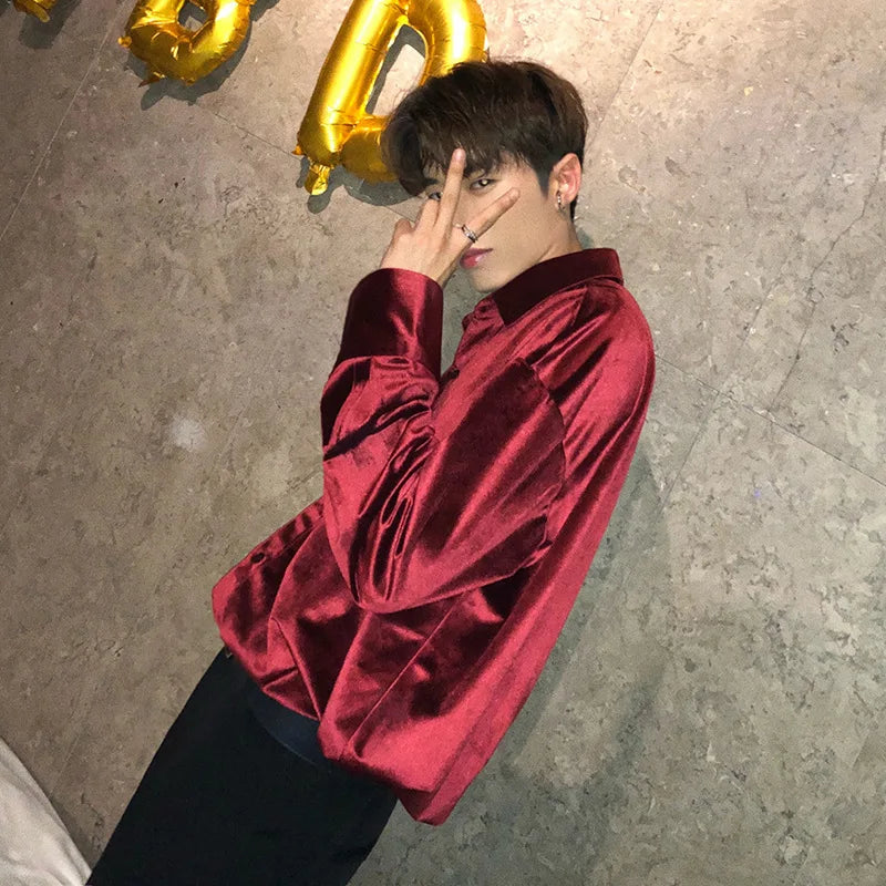 Men's Winter Velvet Shirt Red Black Luxury Clothes For Mens Burgundy chemise velours homme Korean Men Clothing Streetwear